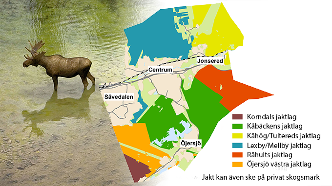 En karta över Partille med färgmarkerade områden som visar Partilles sex olika jaktlag.