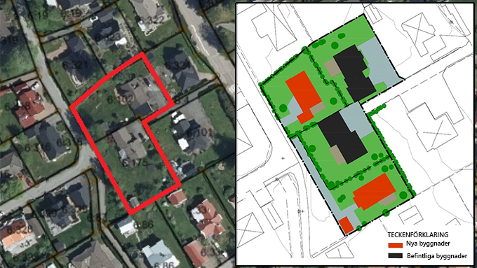 Ortofoto med röd markering och illustration som visar förslag till fastighetsindelning för bostäder vid Lodjursvägen i Öjersjö. Ej skalenlig återgivning.