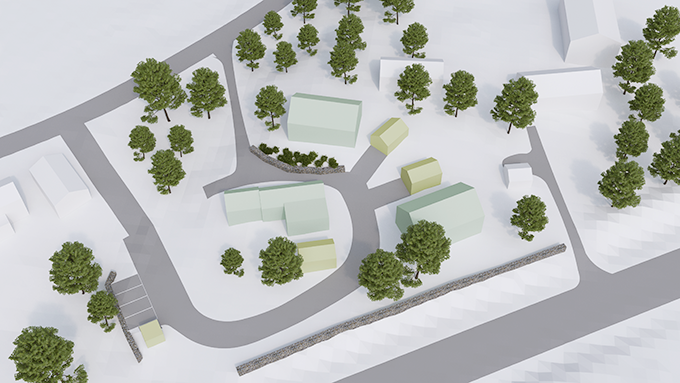 3D-modell som visar möjlig tillkommande bebyggelse i området vid Hallens bykärna.