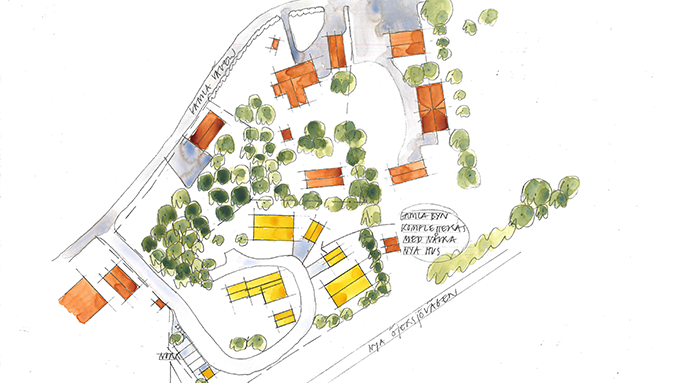 
Illustrationsskiss som visar möjlig tillkommande bebyggelse i området för Hallens bykärna.