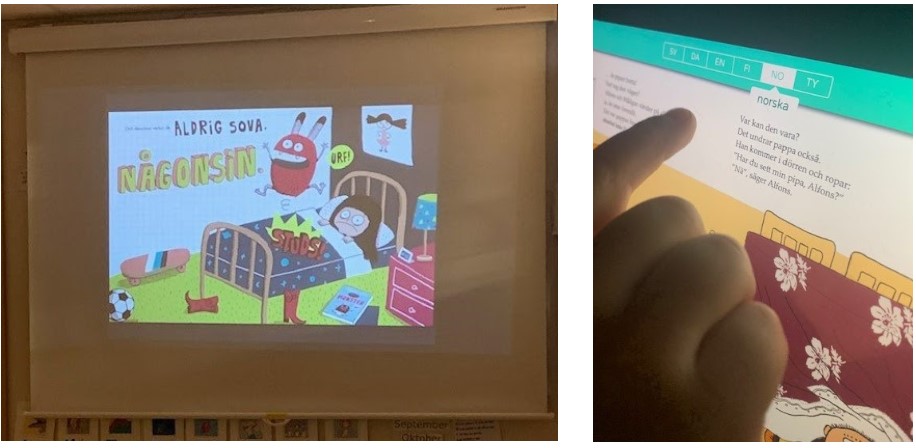 Bilden består av två delar där den ena delen visar en projicerad bild ur en bok och den andra visar ett barns hand som trycker på en läsplatta. 