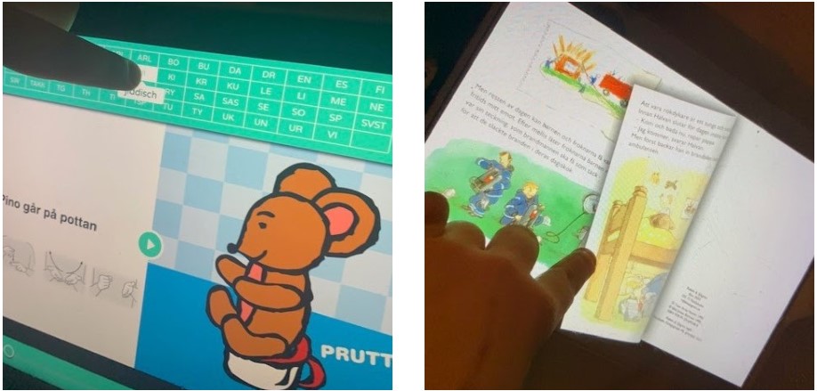 Bilden består av två delar, båda visar hur man kan använda sig av Polyglutt på läsplattan. Där den ena visar hur man kan trycka på olika ord och den andra visar att du kan vända sida i sagan som i en fysisk bok.