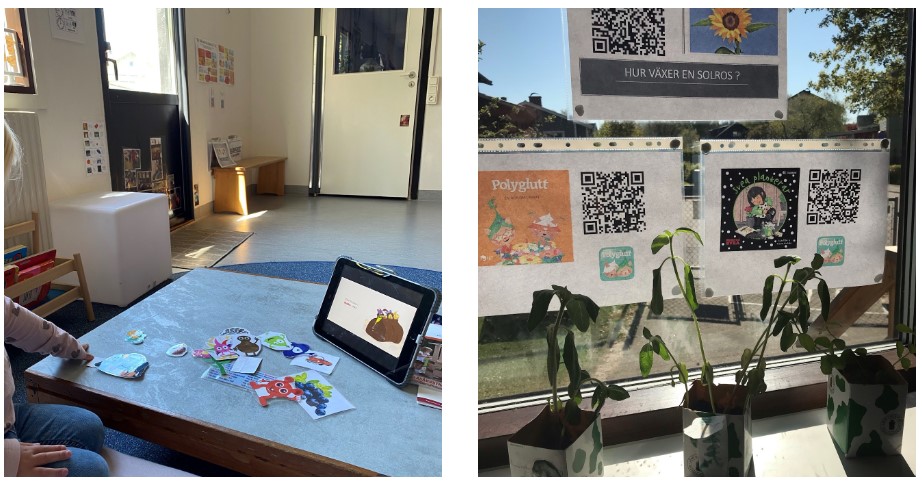 Bilden består av två delar där den första visar en läsplatta som står på ett bord, framför läsplattan ligger olika utklippta sago-figurer.  Den andra delen visar ett fönster där det sitter QR koder för olika böcker uppsatta på rutan. 