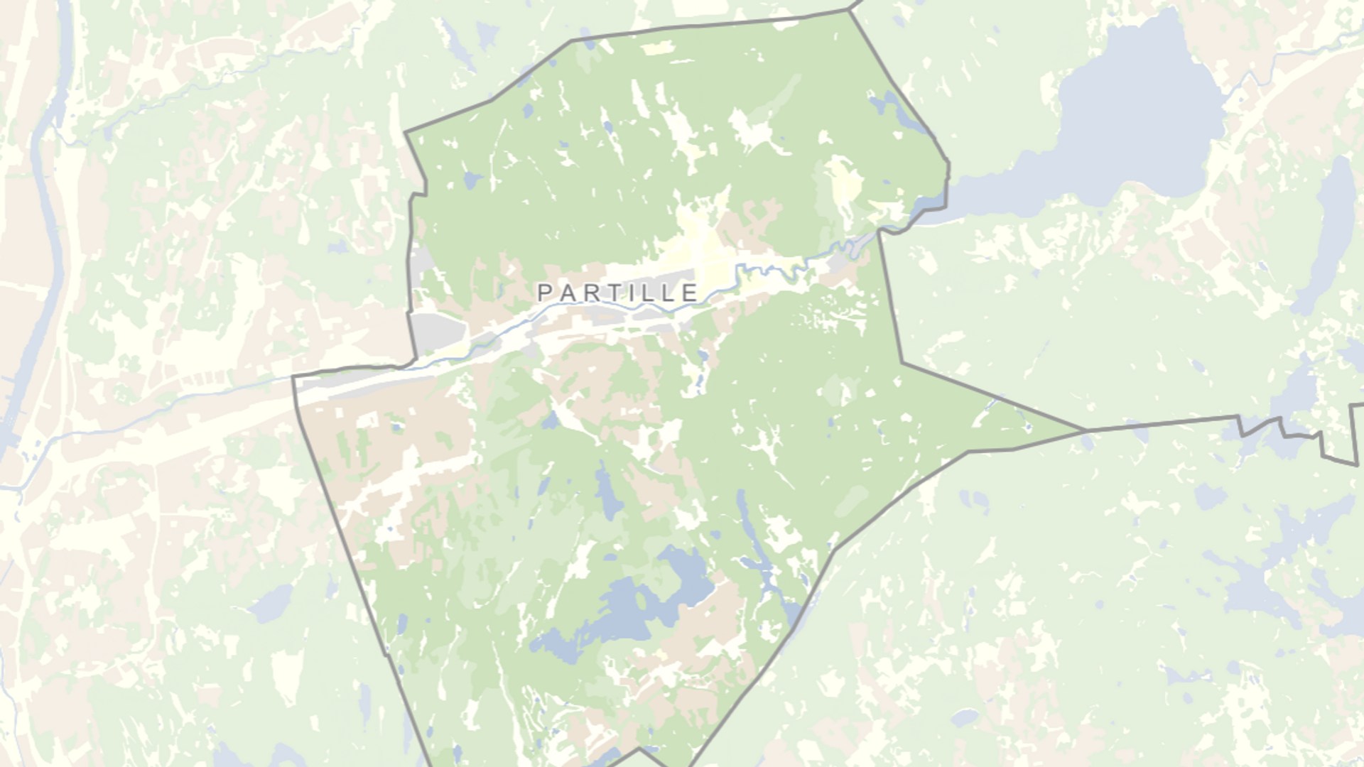 Skärmklipp från Partillekartan. Bilden visar den geografiska avgränsningen för Partille kommun med grannkommunerna runt om.