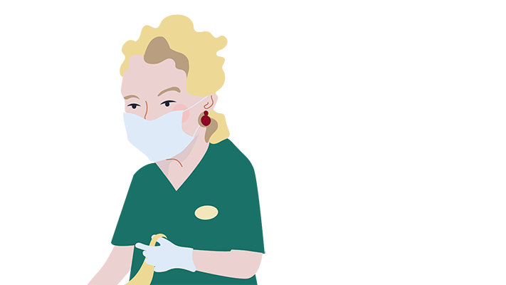 Illustration av en kvinna iklädd arbetskläder för arbete inom vård och omsorg. Kvinnan bär munskydd. 