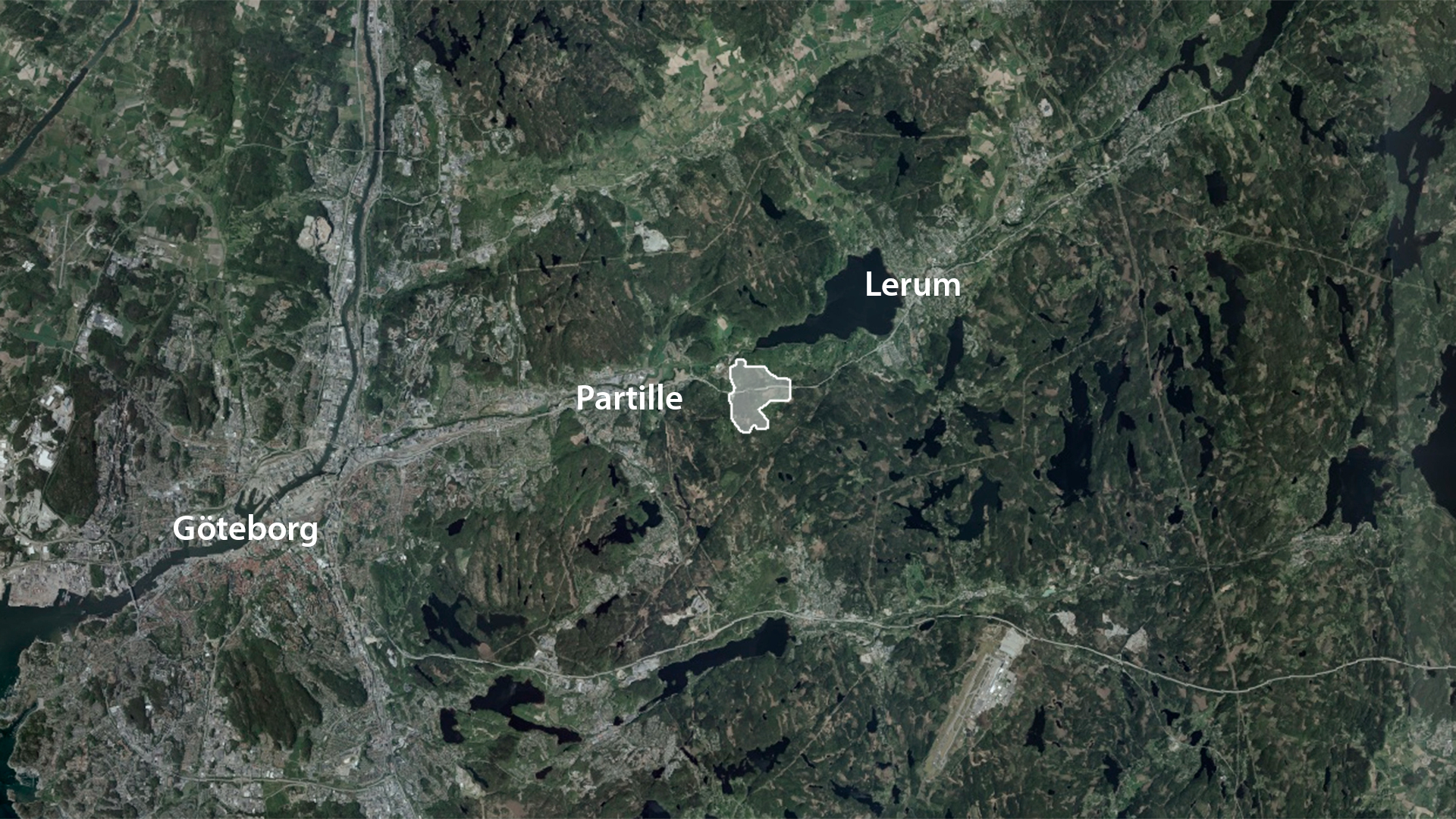 Satellitfoto som visar Göteborgsområdet med Partille och Lerum. Området Jeriko är markerat med vit linjemarkering på fotot.