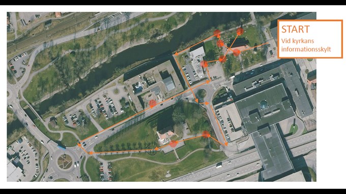 Bild på en karta över hur applikationens olika "ljudpunkter" är placerade med texten "Start vid kyrkans informationsskylt".