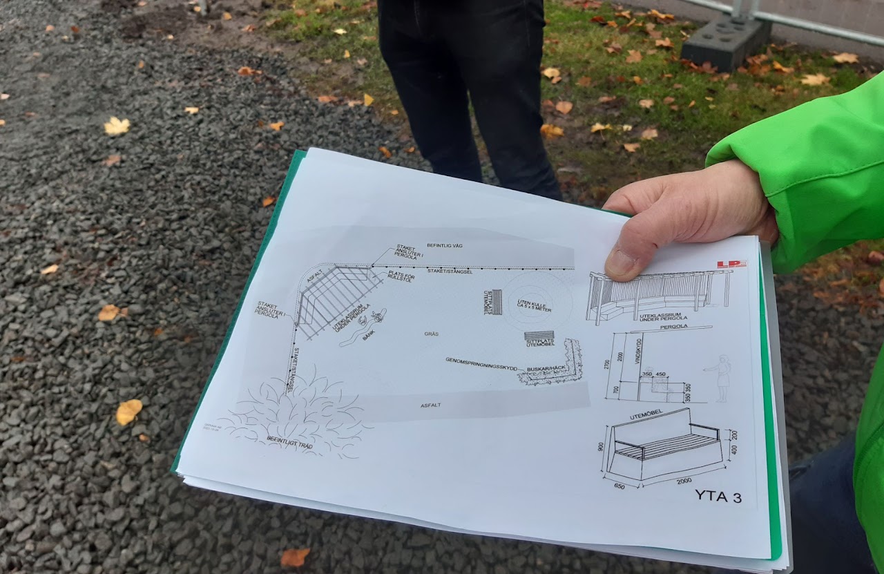 Bilden visar en hand som håller i en ritning över den nybyggda skolgården.