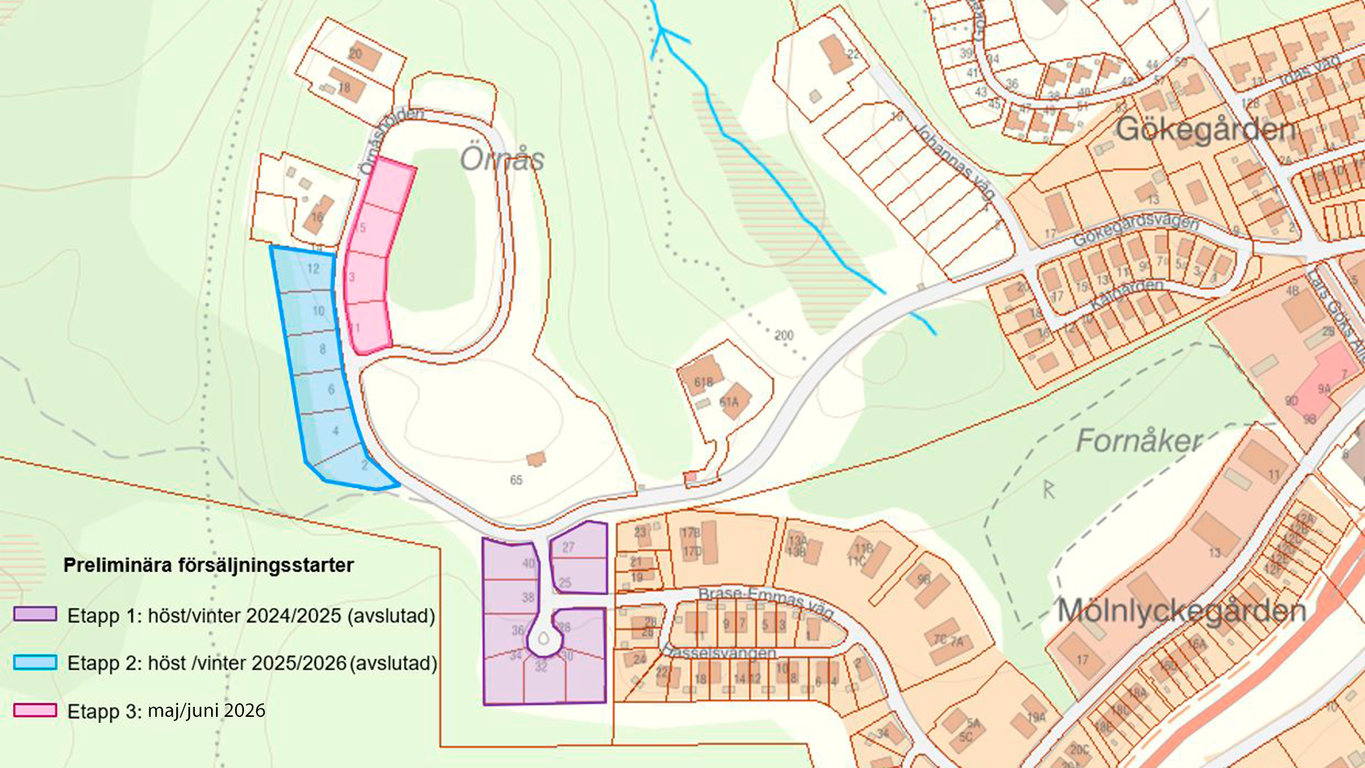 Karta som visar de försäljningsetapperna av småhustomter i Gökegård i Partille.