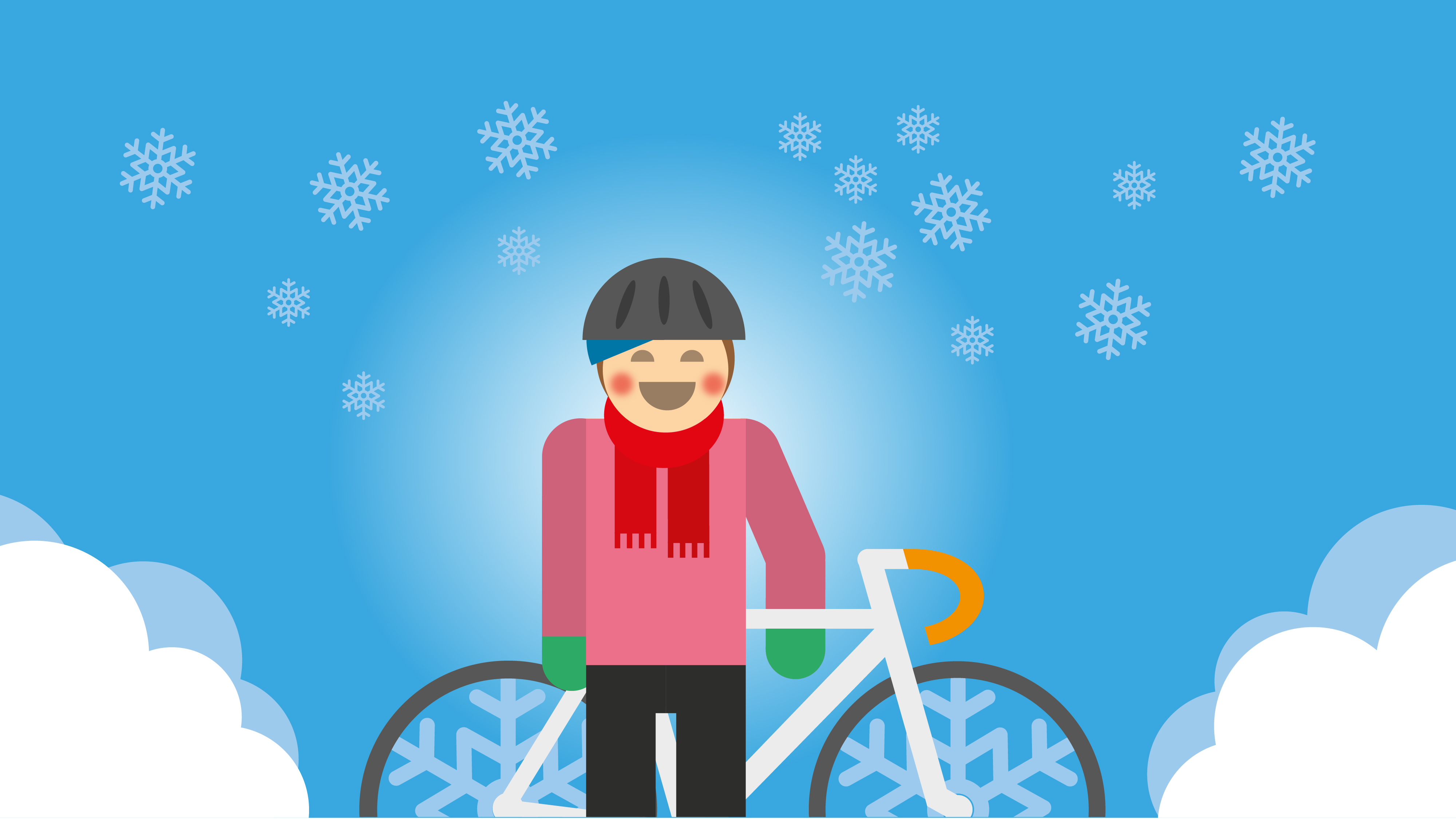 Illustration som visar en person med en cykel och cykelhjälm i vintrigt landskap. Bildkälla: Västtrafik AB.