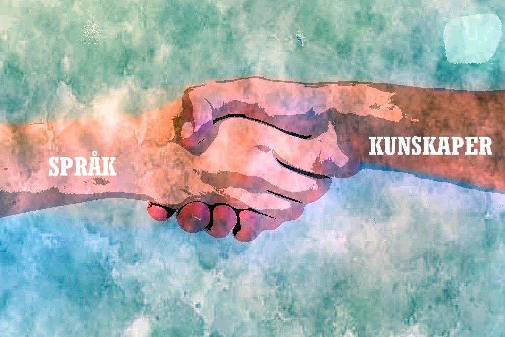 Bilden är en målad bild på två händer som tar i hand, på den ena armen står det språk och på den andra står det kunskaper.