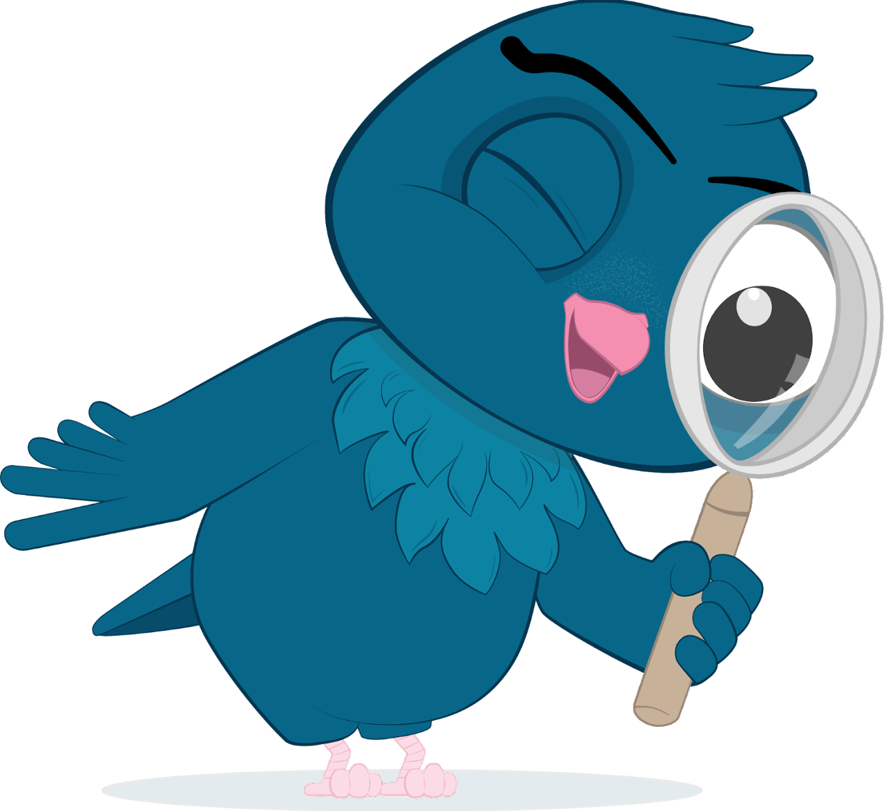 Bilden föreställer en blå tecknad fågel som håller i och kikar genom ett förstoringsglas. 