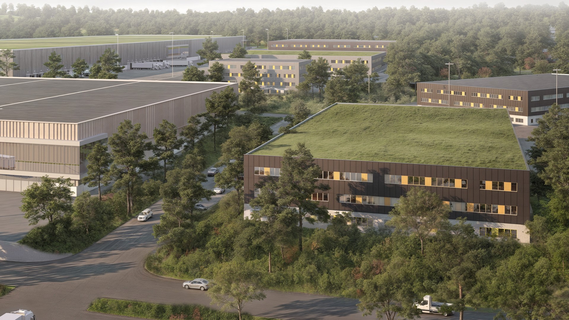 Visionsbild över Jeriko företagspark. Bilden har flera industrifastigheter med grönområden runtom.