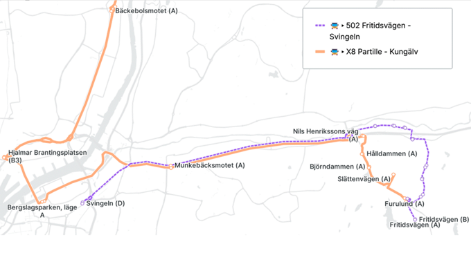 Kartbild med de nya körvägarna för expressbusslinje X8 och busslinje 502.  Källa: Västtrafik.