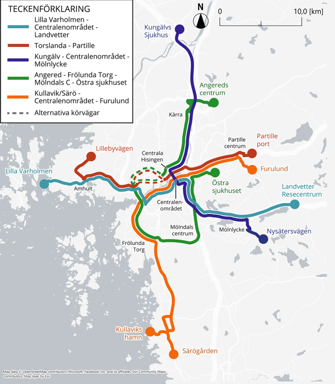 Karta som med färjade linjer visar förslag till möjligt linjenät för metrobuss i Göteborg, Mölndal och Partille ur Linjenätsutredning för Metrobuss 2025.