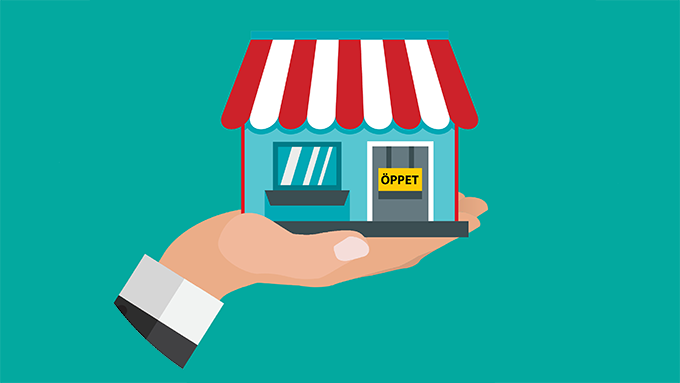 Illustration som visar en hand som håller en butik.