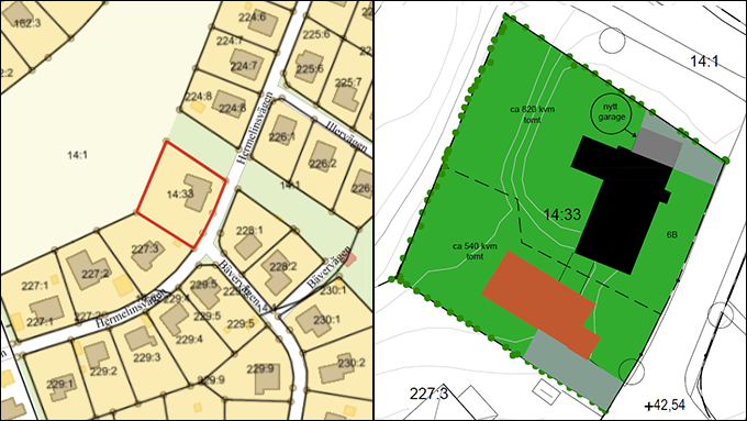 Två utsnitt av kartor som visar fastighetens, Ugglum 14:33,  läge och illustrerar hur fastigheten kan delas.