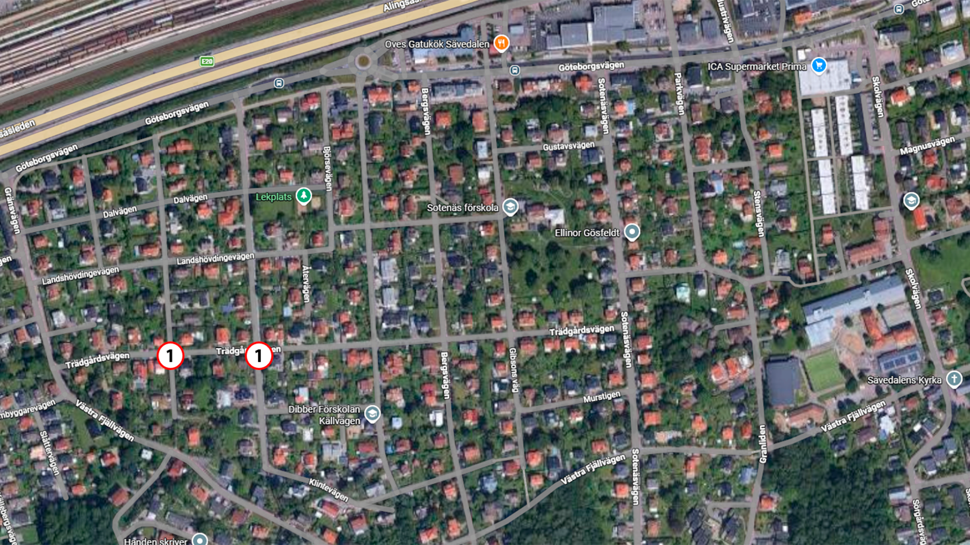 Kartan visar etapp 1 med siffror i cirklar.