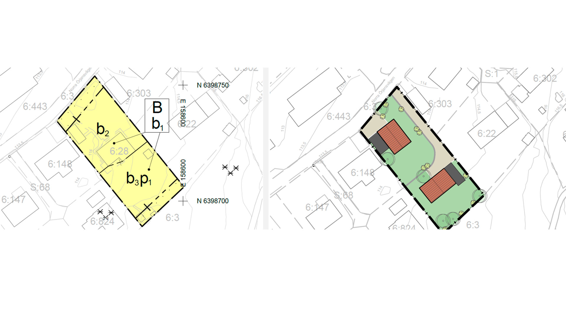 Plankarta (till vänster) och illustrationskarta (till höger) för detaljplan för bostäder vid Norra Örjansvägen, Öjersjö 6:28.