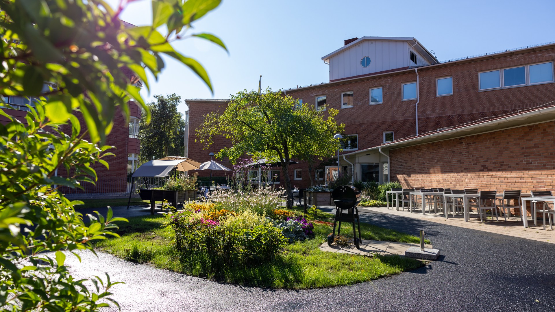 Innergård med sittplatser, bord, grill, växthus med mera.