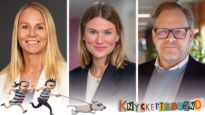 Personer från vänster: Madelene Johansson, Moa Frisk och Andreas Sandahl. Illustration ur Familjen Knyckertz av Per Gustavsson, förlaget Natur & Kultur.