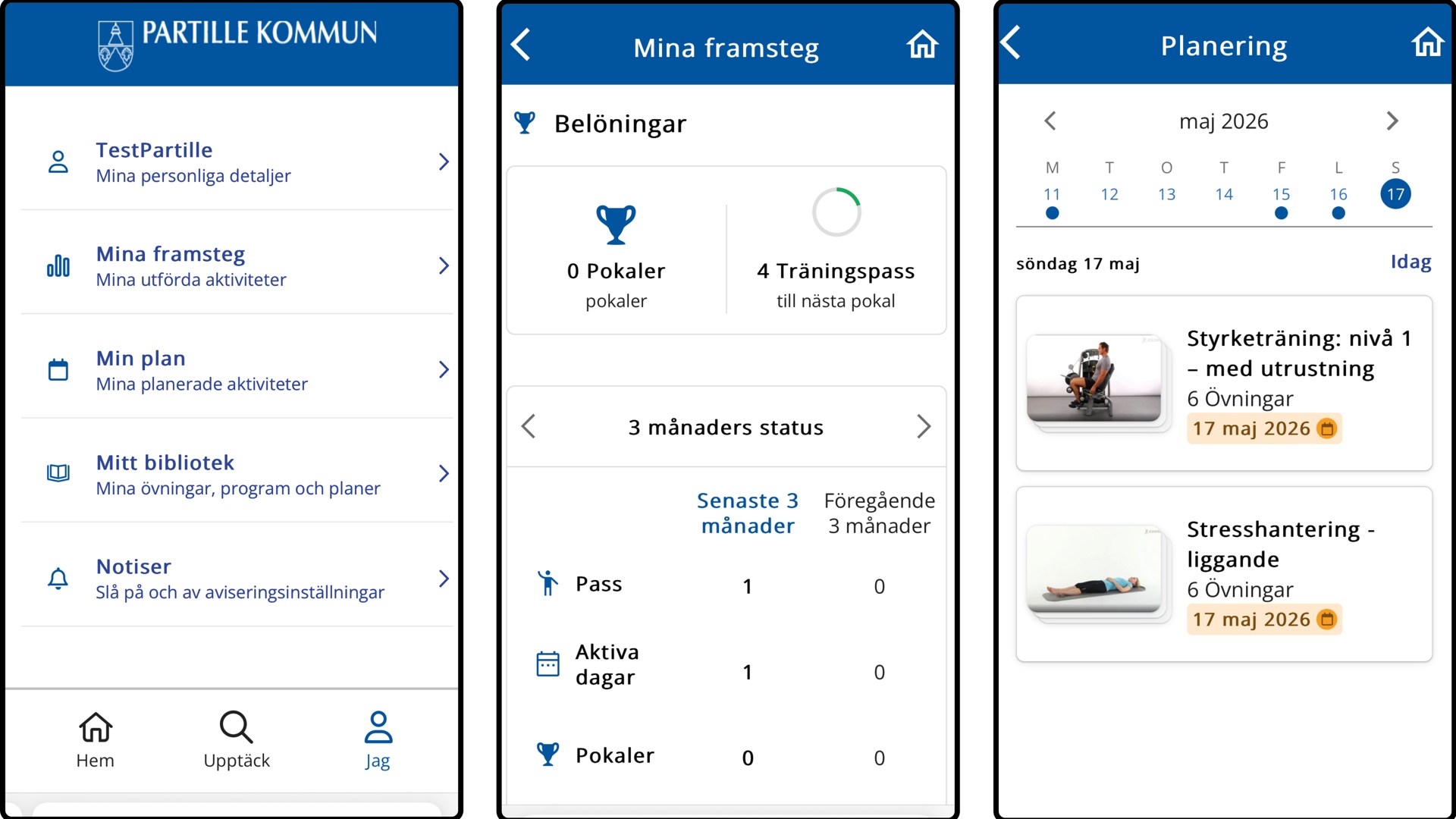 Tre skärmar på en mobiltelefon som visar olika saker.