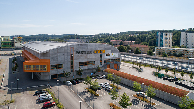 Bild på Partille arena snett ovanifrån. 