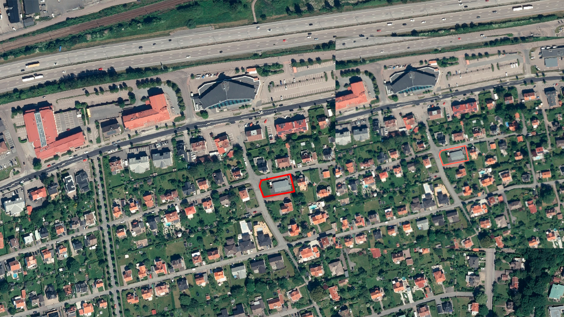 Flygfoto som med röd rammarkering visar var fastigheten Ugglum 6:160 ligger på Blankavägen i Partille.