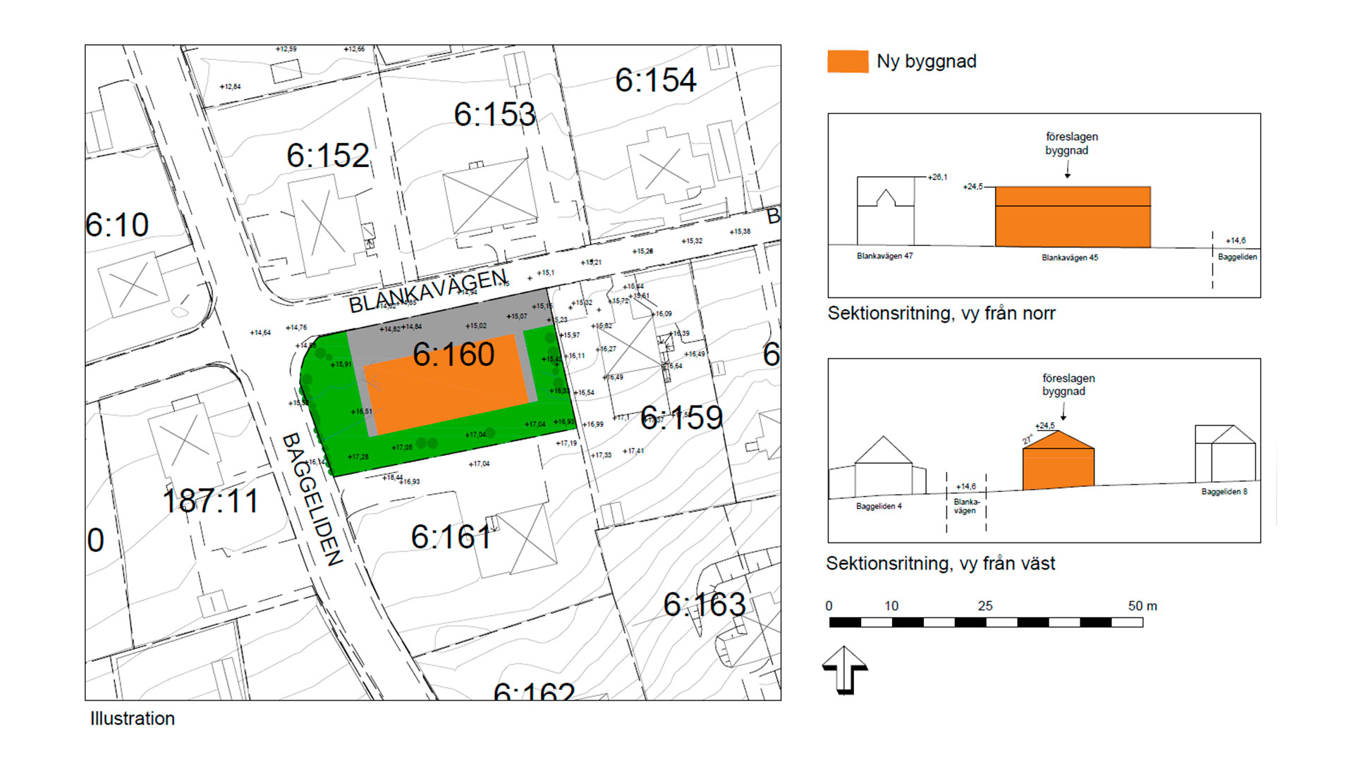 Illustrationsplan och sektionsritning för fastigheten Ugglum 6:160.