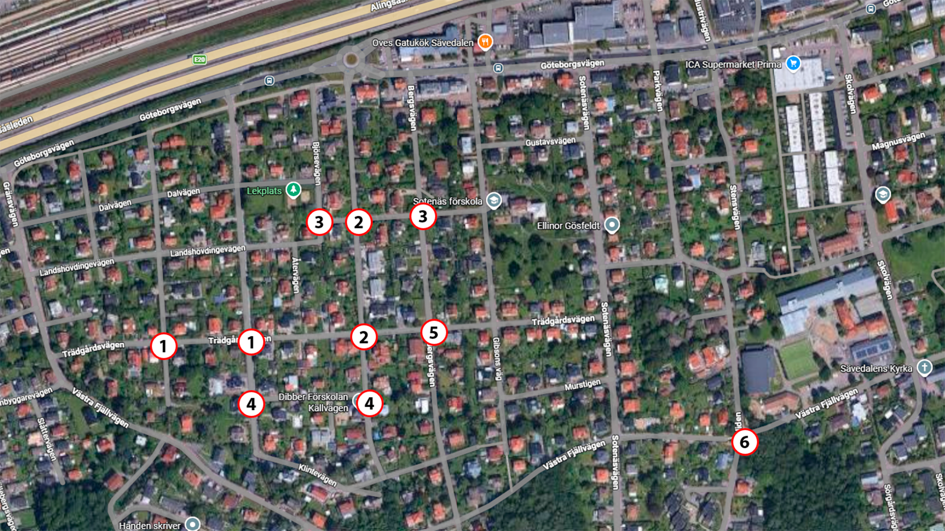 Kartan visar samtliga sex etapper med siffror och vita cirklar med röda ringar och etappnummer 1 till 6 i svart text.