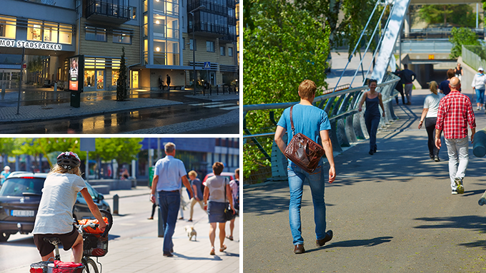 Ett collage av tre bilder från Partille centrum. Överst till vänster: kvällsbild i gatunivå vid bostadskvarter utmed Gamla Kronvägen. Nederst till vänster: sommarbild med folk i rörelse vid Kyrktorget. Bild till höger: sommarbild med folk som passerar över kyrkbron i centrum. 