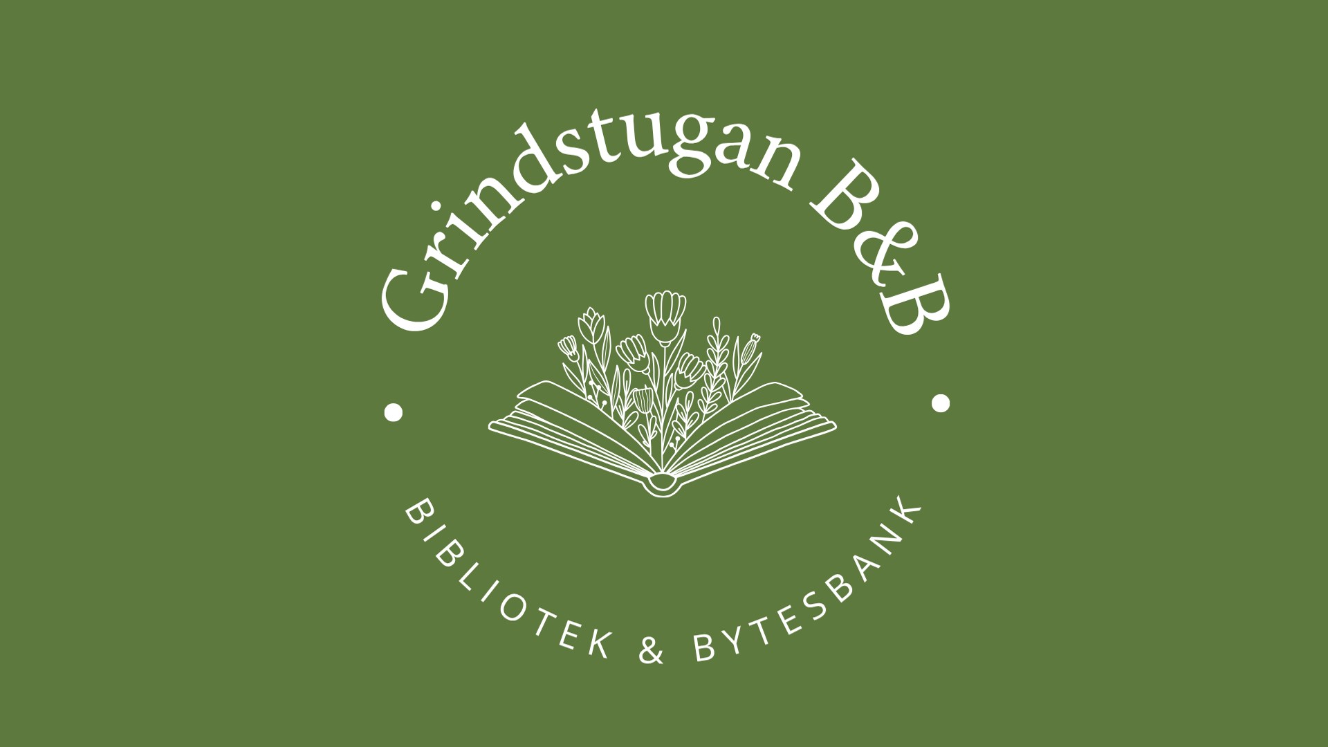 En ikon med en bok som det växer blommor ur. En text där det står "Grindstugan b&b bibliotek & bytesbank". 