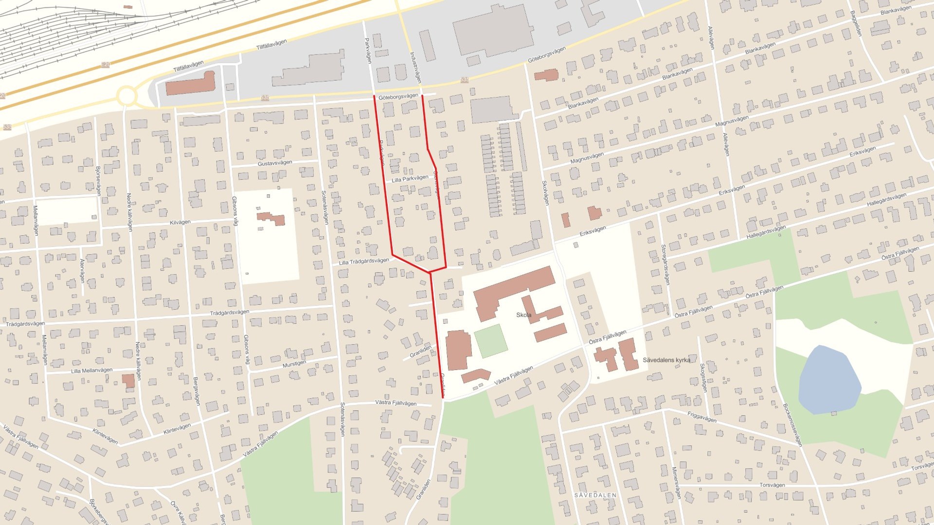 Kartvy över Sävedalen som visar förbud för genomfartstrafik.