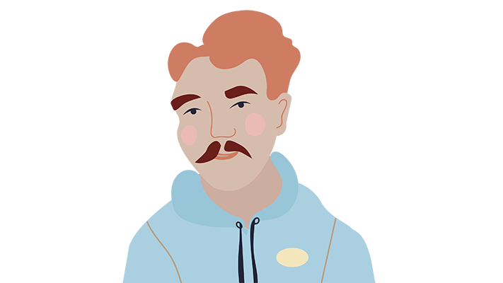 Illustration av en ung rödhårig man i en huvtröja. 