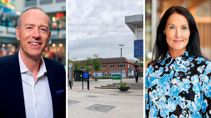 Bilden är sammansatt av tre foton på två personer och en torgmiljö i centrumbebyggelse.