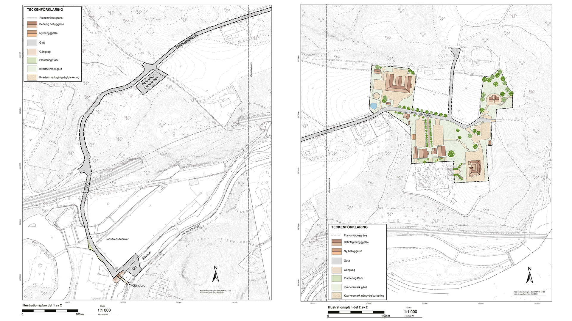 Bild med två illustrationskartor som omfattar planområdet för detaljplanen för besöksverksamheter i Bokedalen i Jonsered. Del 1 visar i huvudsak William Gibsons väg och del 2 visar Jonsereds herrgårdsområde med Jonsereds trädgårdar.