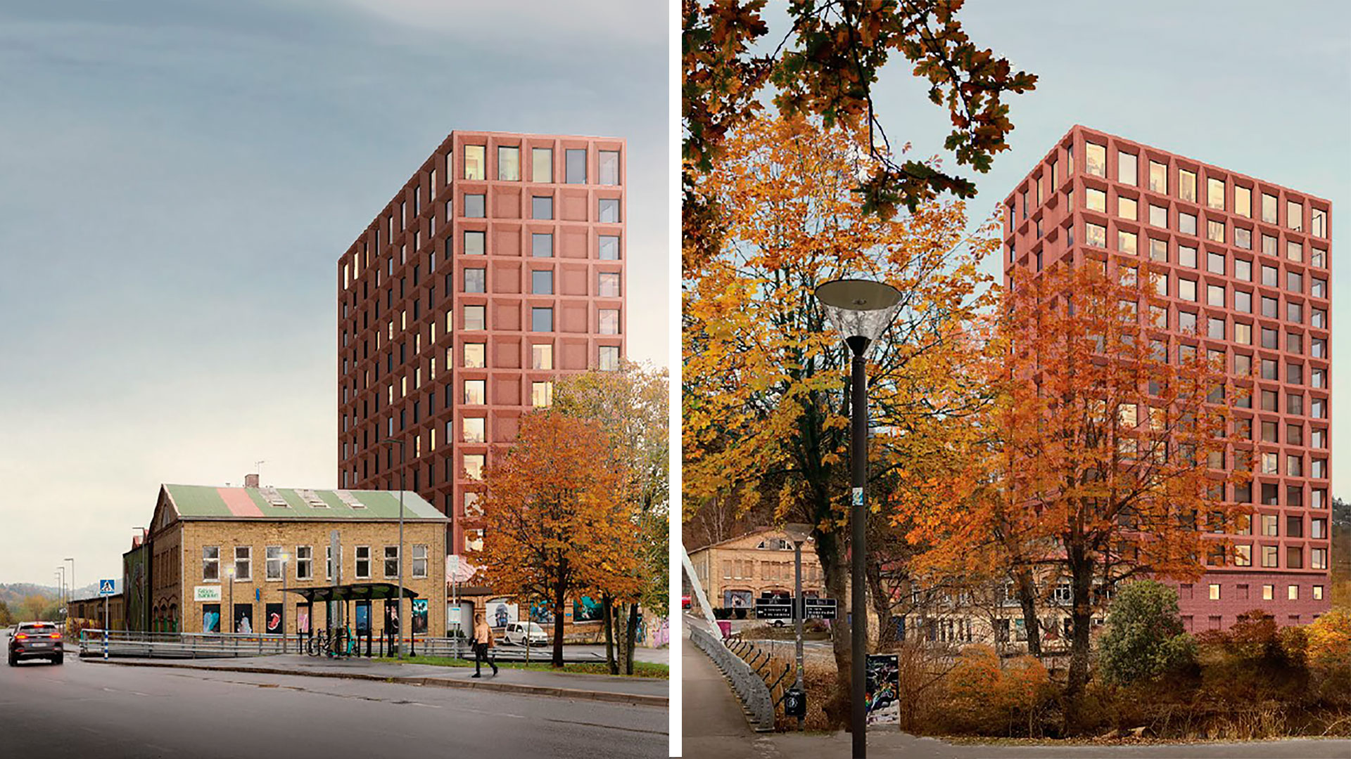 Bilden består av två illustrationer som visar ett flervåningshus i ett kvarter med annan bebyggelse från två olika vinklar.