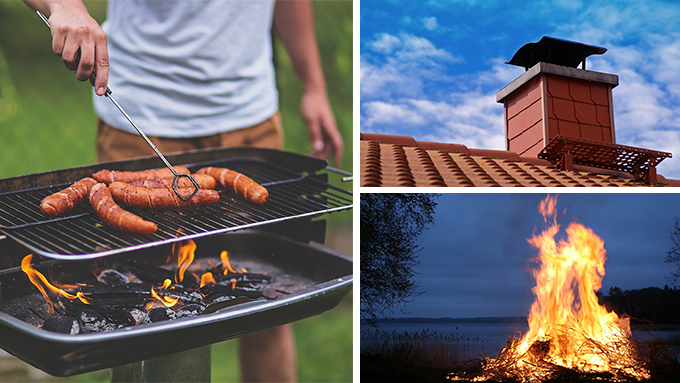 Ett kollage med tre bilder: en man som grillar korv, en tegelfärgad skorsten och en utomhusbrasa som brinner på kvällen.