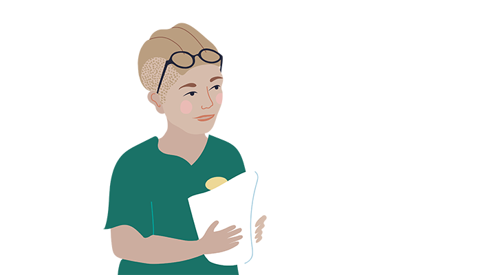 Illustration av en medelålders kvinna i arbetskläder för arbete inom vård och omsorg. 