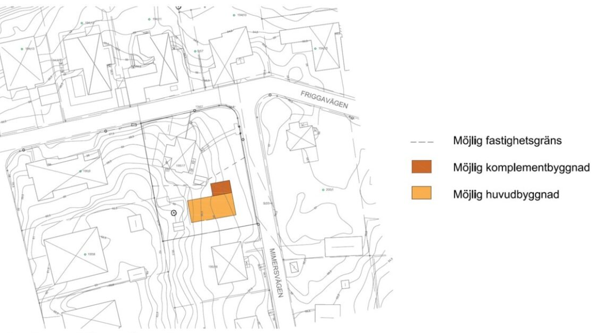 Illustration med karta som visar möjlig exploatering i förslaget till detaljplan för bostäder vid Mimersvägen.