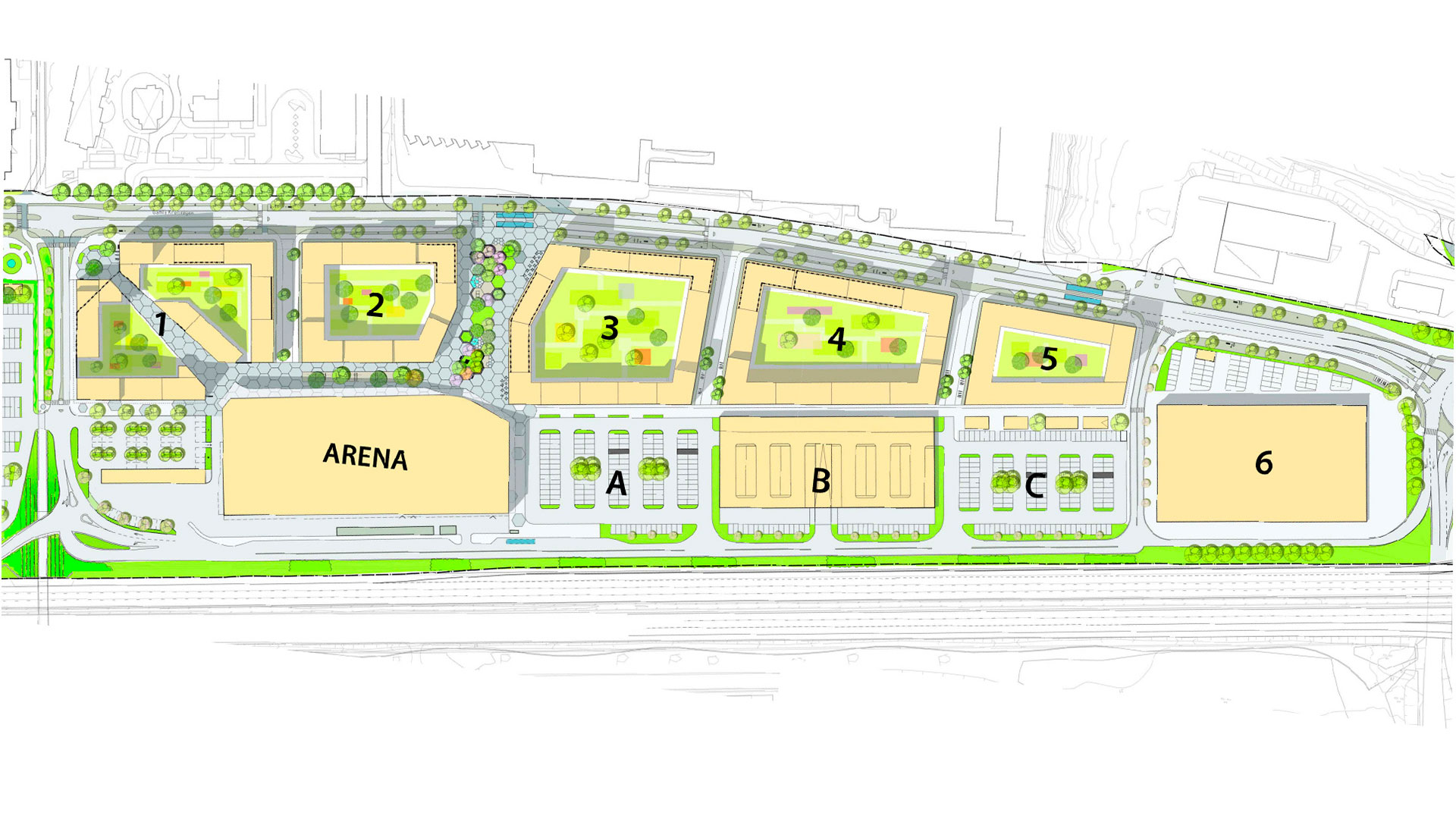 Schematisk kvartersindelning i området Partille Port. 