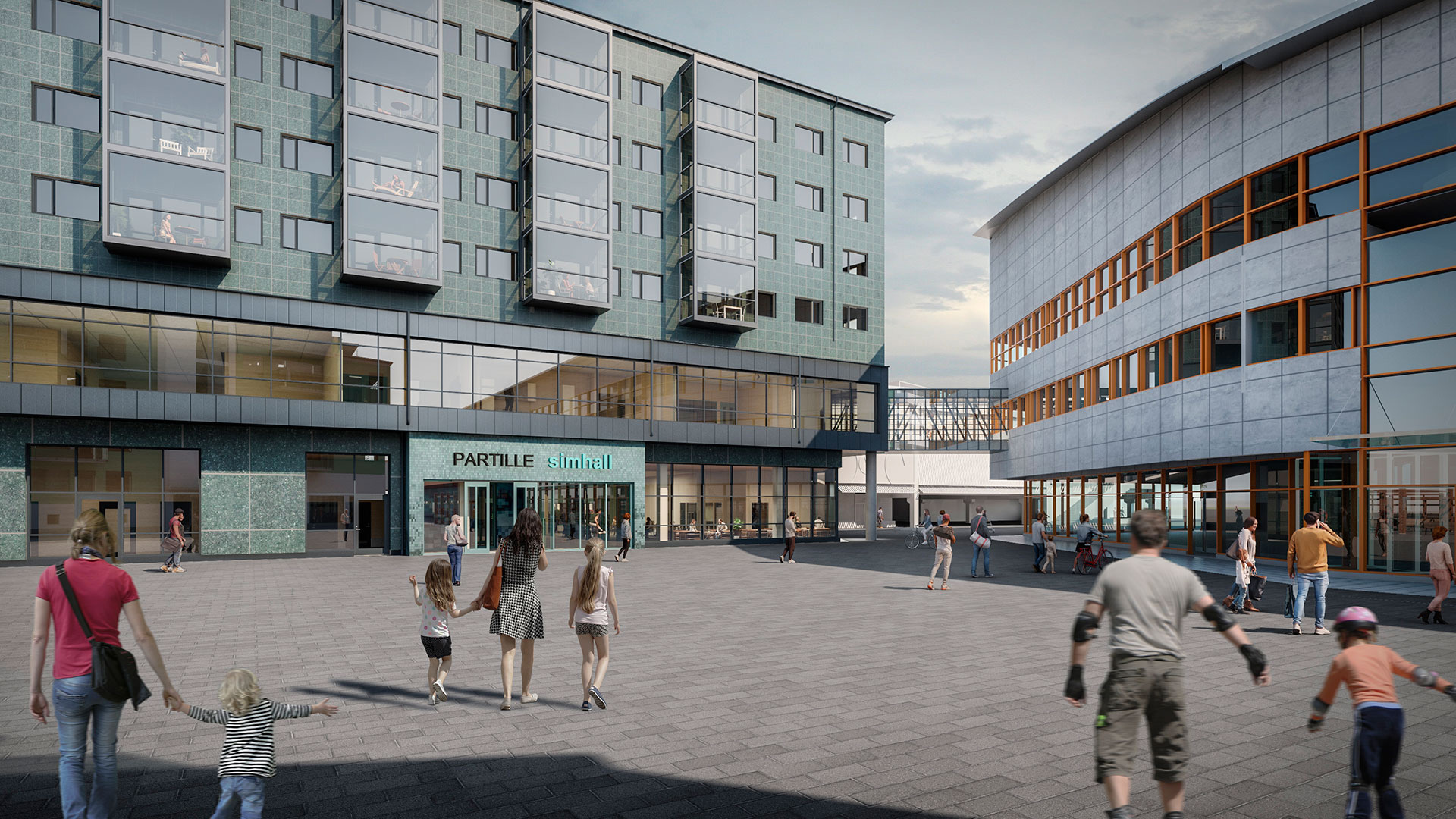 Illustration som visar hur simhallens entré mot Arenatorget i kvarter 3 kan se ut. Bild: Partillebo/Norconsult.