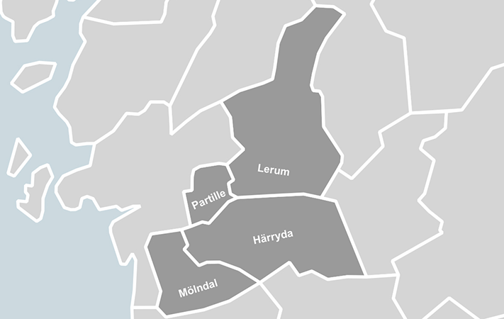 Karta över kommunerna Lerum, Härryda, Mölndal och Partille som ingår i samverkan kring dödsbohandläggning. 