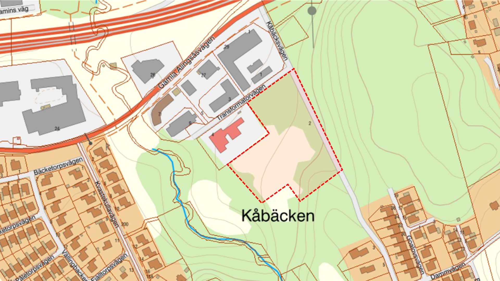 Orienteringskarta som visar planändringsområdet med streckad röd markering.