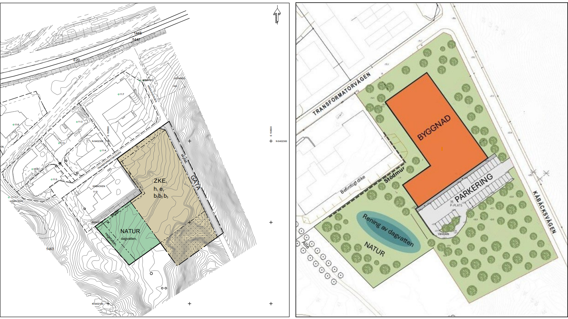 Plankarta och illustration av ett möjligt exploateringsförslag.