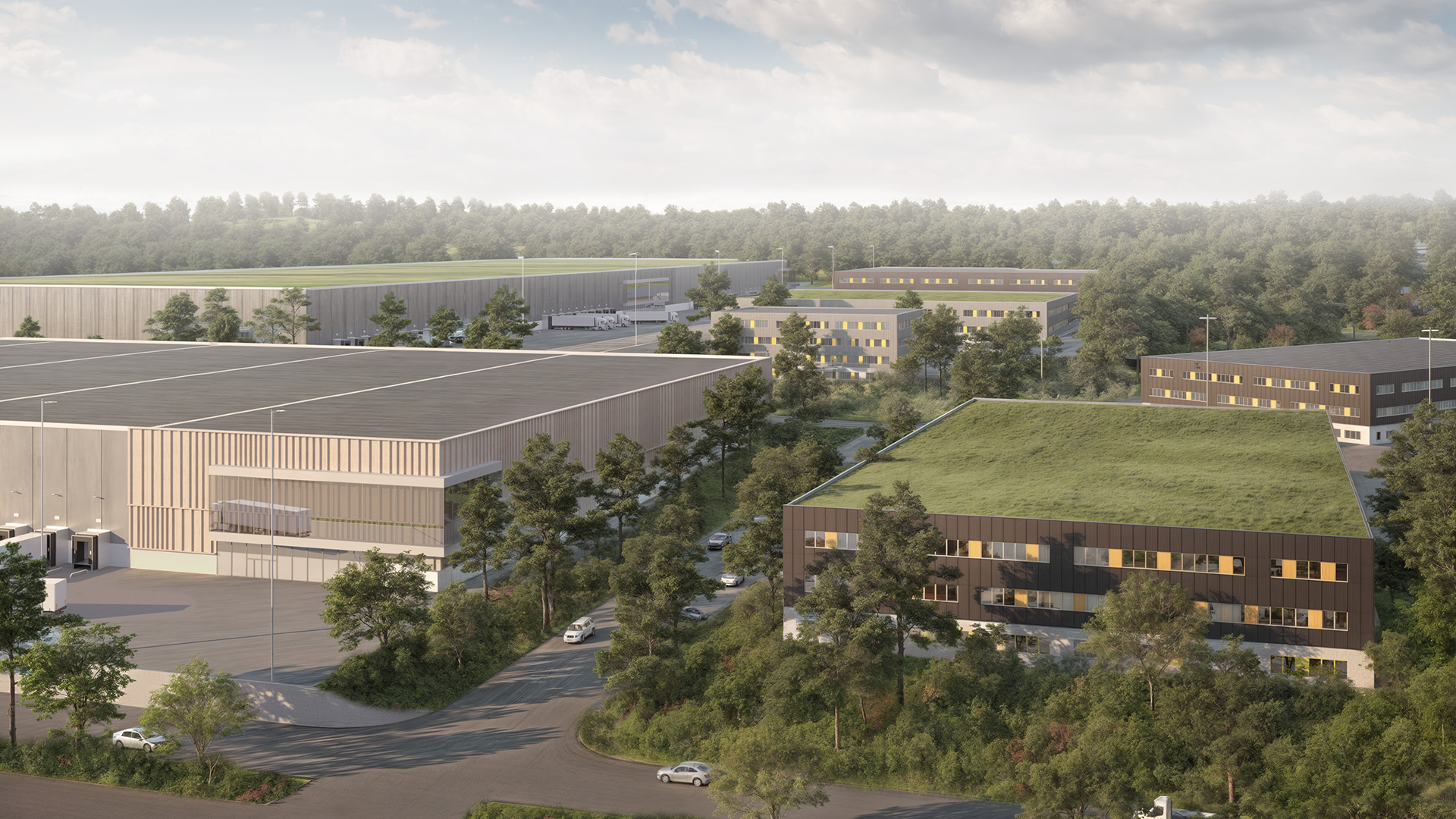 Visualisering av ett möjligt delområde i Jeriko företagspark med plats för olika verksamheter. Bildkälla: White Arkitekter.