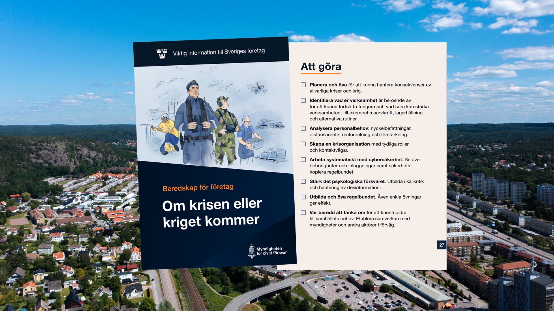 Bild på två framsida och checklista ur broschyren Beredskap för företag mot en bakgrundsbild som visat stadsbebyggelse från hög höjd.