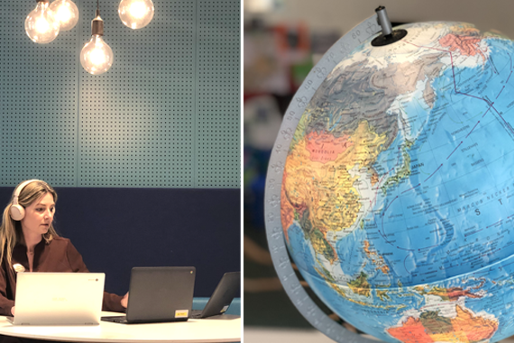 Bilden är två bilder bredvid varandra där den första visar en kvinna som sitter vid tre stycken bärbara datorer, kvinnan har hörlurar på huvudet. Den andra bilden visar en lysande jordglob. 