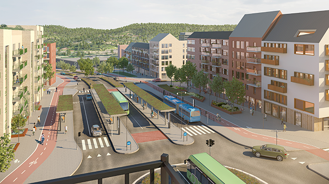 Illustration som visar en möjlig framtidsbild för Landvettervägen omkring år 2040. Bilderna visar hur den tänkta stadsgatan skulle kunna hänga ihop med bebyggelsen och stadsmiljön intill vägen i södra centrum. 