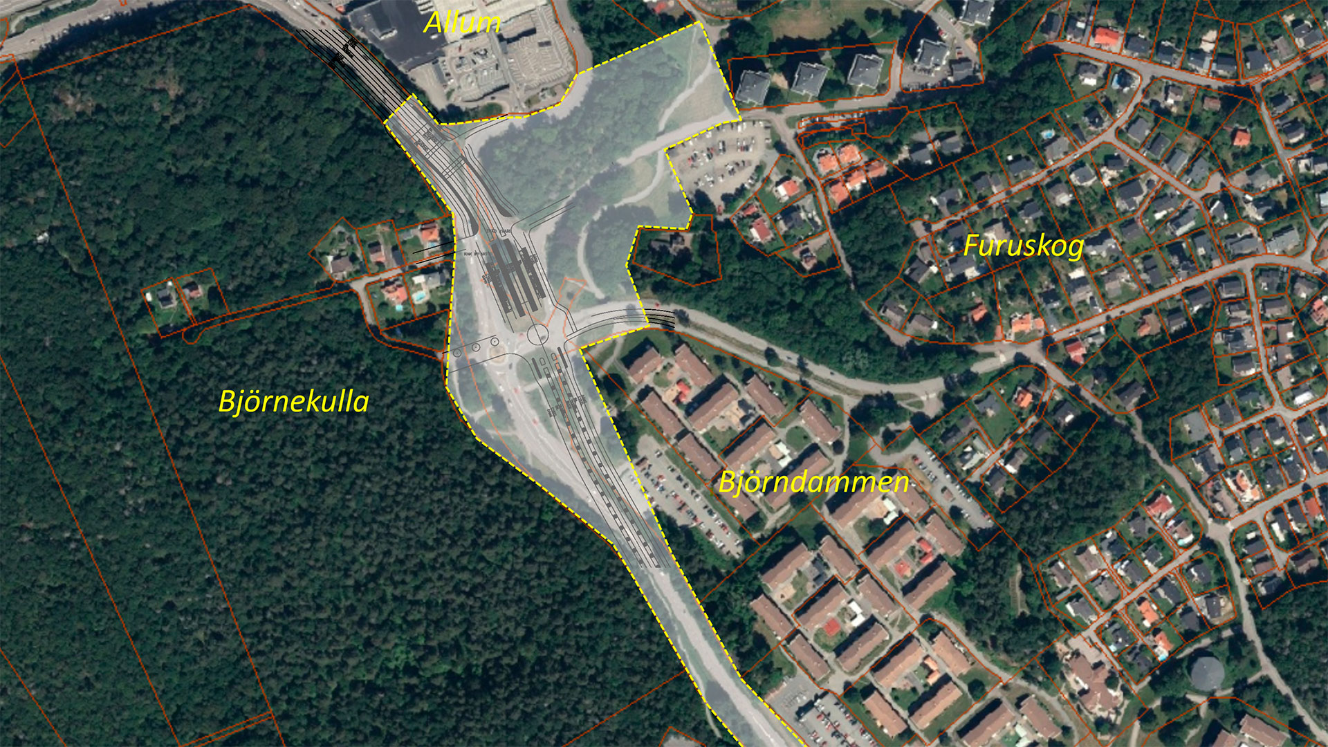 Flygfoto som visar planområdets ungefärliga utsträckning med gul streckad linje. Inom planområdet är förslag på metrobusshållplats och kollektivtrafikkörfält inritade.